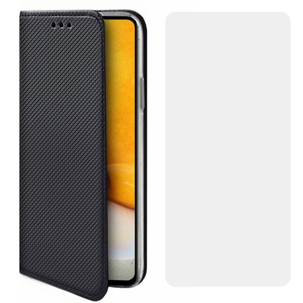 Set husa carte Comando Book si folie silicon compatibila cu Samsung Galaxy A71, Inchidere magnetica, Buzunar interior pentru card, Flip stand, Protectie completa si practica, Negru