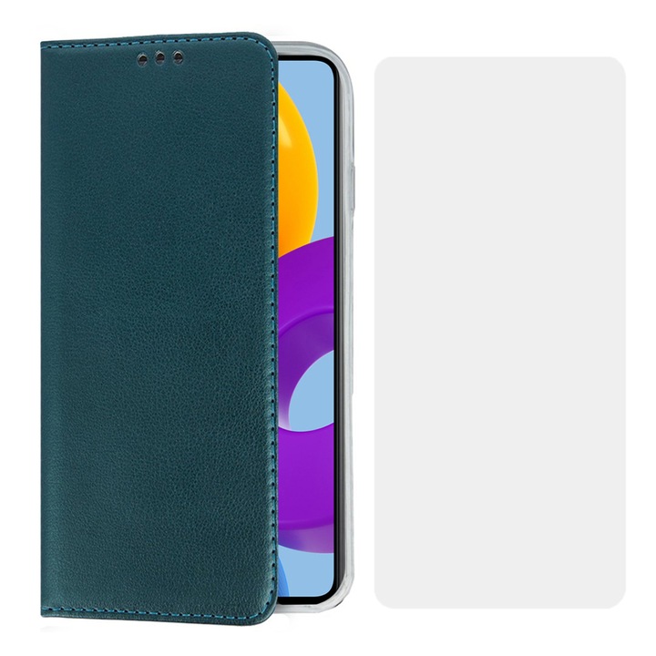 Set husa carte Comando Book si folie silicon compatibila cu Samsung Galaxy A13 4G, Inchidere magnetica, Buzunar interior pentru card, Flip stand, Protectie completa si practica, Verde