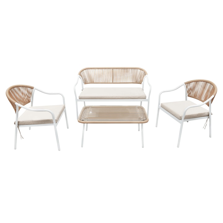 Set de mobilier de gradina, din ratan, 4 piese, alb, bej, otel, ratan tehnic, gradina, terasa, canapea si scaune cu perne incluse, masuta cu sticla, 88x48x40 cm, Bortis