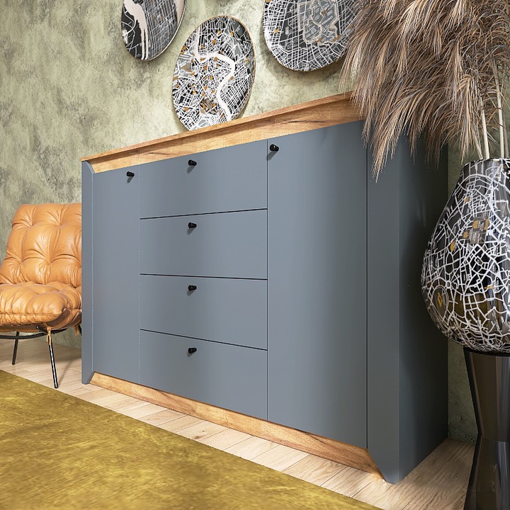 Comoda Nordik-1400, Everest, Stejar kraft auriu, grafit, 140см x 38см x 96 cm