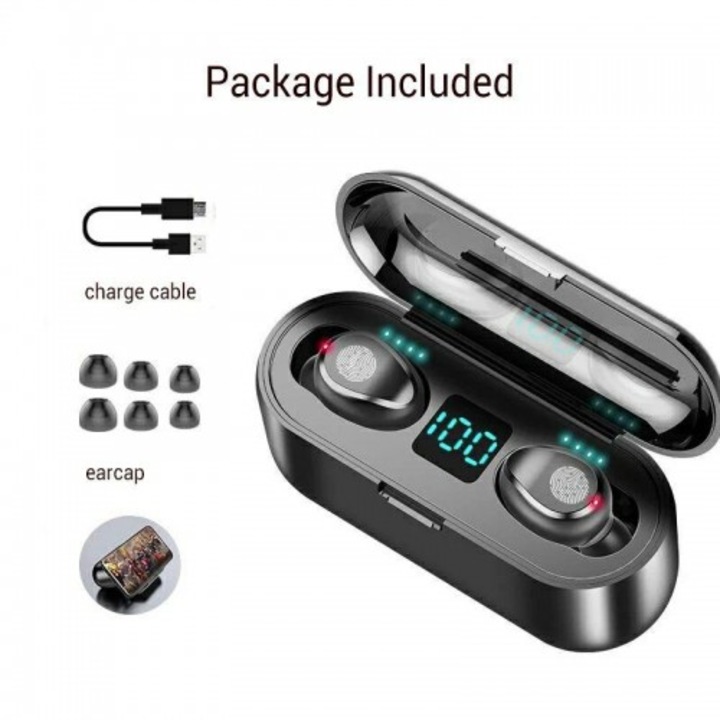 Безжични слушалки Planet Tech F9, Wireless, Bluetooth 5.0, Водоустойчиви, Auto Pairing, Touch Control, Powerbank 2000mAh, Черни