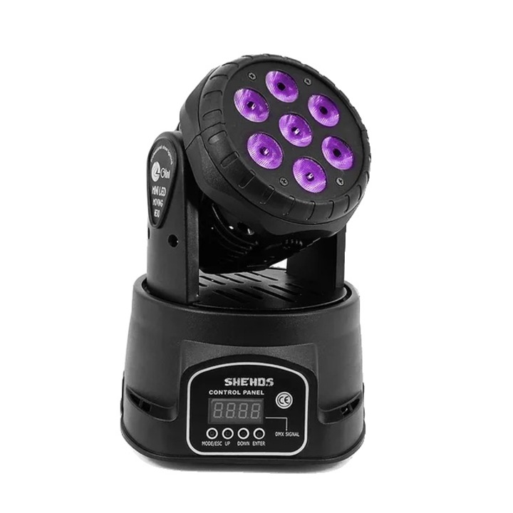 Moving head, Shehds, LED, Plastic, RGBWPA 6in1, 7 x 18W, IP20, 22.5 x 22.5 x 27 cm, Negru
