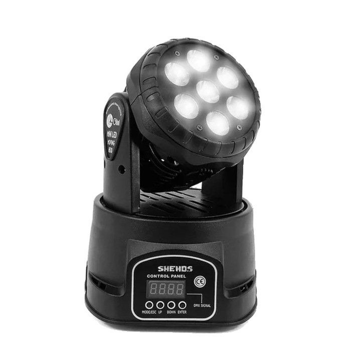 Lumina cap mobil LED, Shehds, 7x12W, RGBWPA 6in1, Control DMX, Negru, 22.5x22.5x27cm