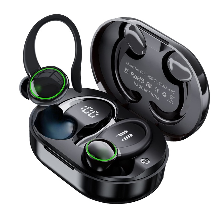 Casti wireless bluetooth, audio, in ear, fara fir, sport, cu Anularea Zgomotului Imbunatatita, 3D stereo, Bas profund, Afisaj Digital, Bluetooth 5.3, Control tactil/touch, casti true wireless, Autonomie 40 ore, Compatibilitate Universala, Negru