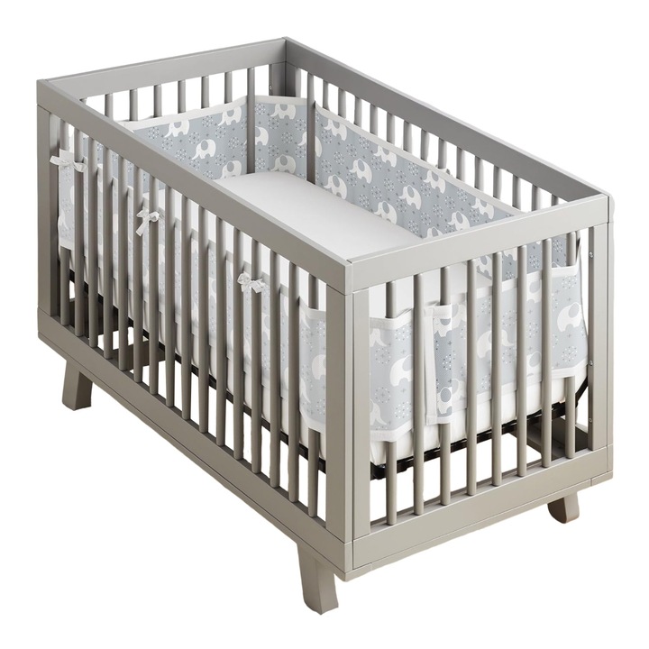 Set protectie pentru patut bebe, GOGOU®, captuseala din plasa respirabila, doua pachete, 340x30cm/160x30cm, model de elefant