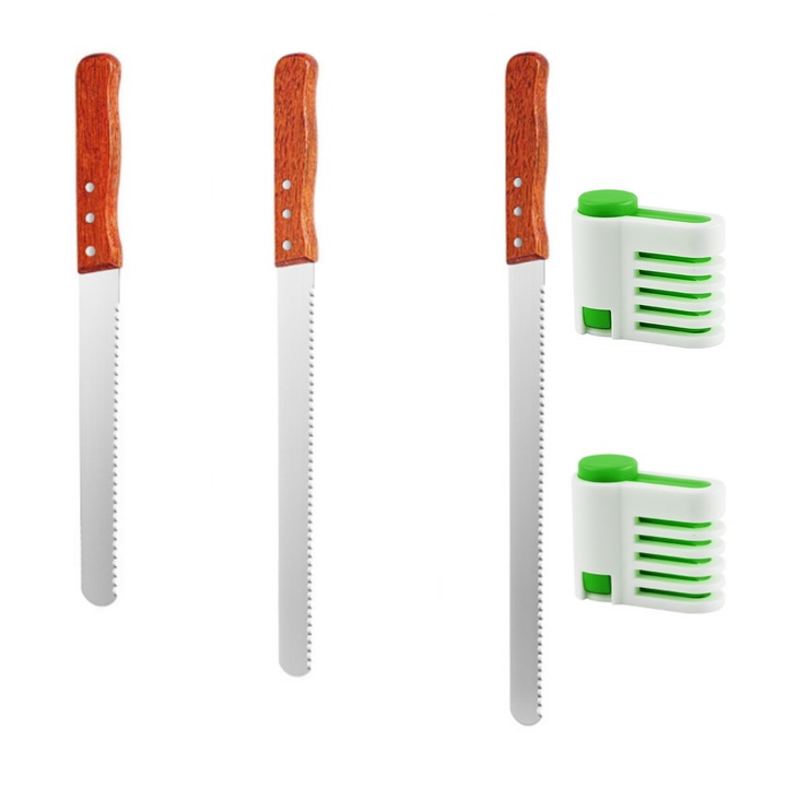 Set 3 Cutite Profesionale lungime mare 32.5/37.7/42.8 cm pentru Cofetarie si Patiserie, Ghidaj pentru Taiat Blat Tort, enkourakoko®, Maner din lemn masiv