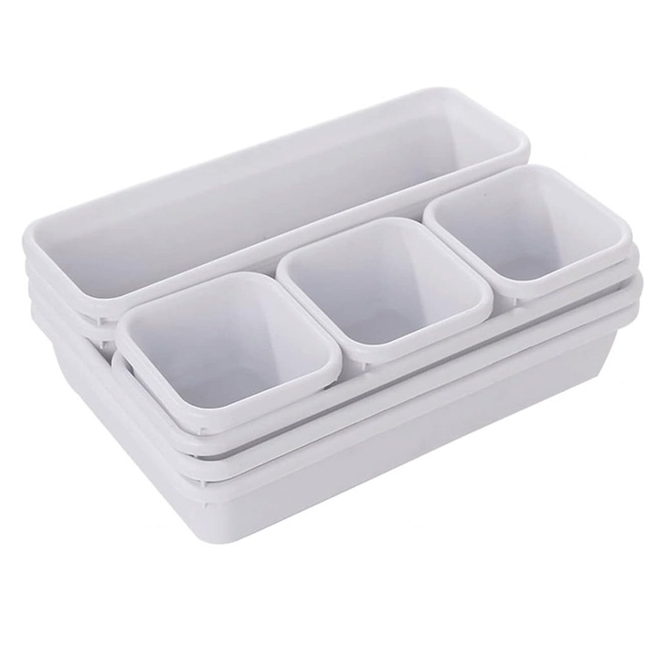 8 fiókos tárolódoboz készlet, kozmetikumokhoz, iroda, fésülködőasztal, fürdőszoba, konyha, műanyag, AllizBan, három méret, fehér