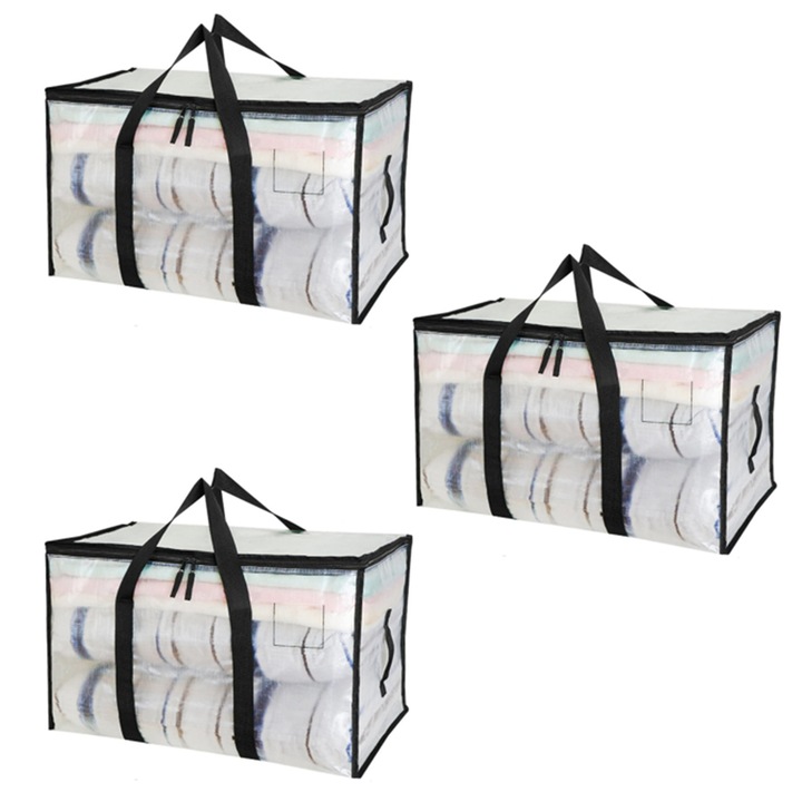 Set 3 saci de depozitare ambalare cu Fermoar, pentru mutare, haine si dulapuri, AllizBan, 69x27x45cm, transparent