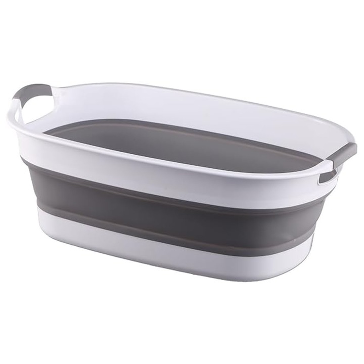 Cos Pentru Rufe Din Pliabil, Hggzeg, 2 Manere, Material de Inalta Calitate, Durabil si Usor de Curata, Economie de spatiu, Ideal pentru rufe, bai, bucatarie, Alb cu Gri, Capacitate 30L, Dimensiuni 53x38x24 cm