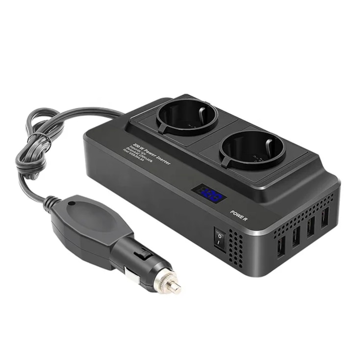 Invertor de tensiune portabil de la priza auto 12V la priza dubla EU 220V, 4 porturi USB, afisaj digital, 400 W