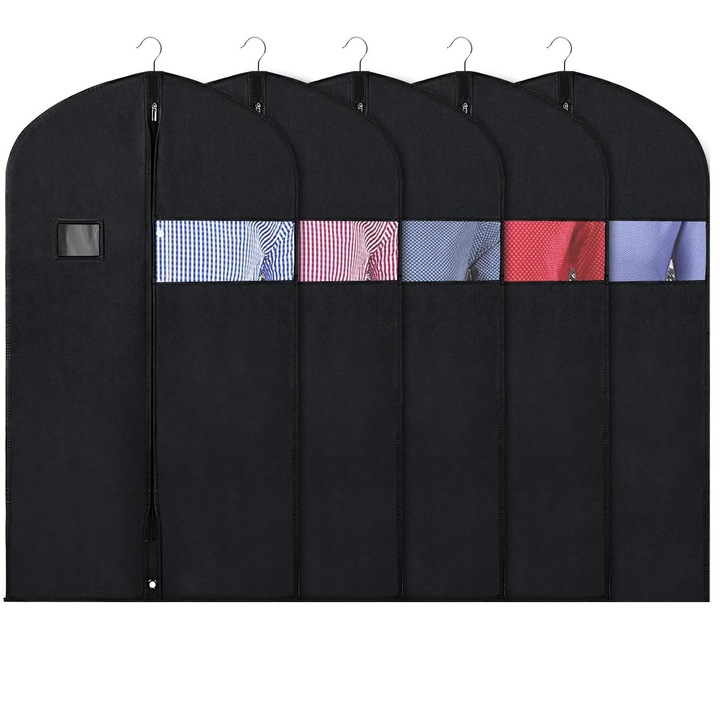 Set 5 geanta de depozitare haine, Axroad Mall, Huse de protectie pentru haine, Cu fermoar, Design cu fereastra transparenta, Pliabil, Rezistent la praf si umiditate, Pentru costume, camasi, pulovere, Textil/PVC, 110*60cm, Negru
