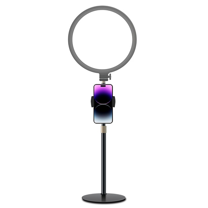 Ring Light Professzionális Techone Live Pro, meleg / hideg / semleges fény, 10 állítható intenzitás, telefontartó, állítható magasság, íróasztal, gombvilágítás funkció, 70 cm, fekete
