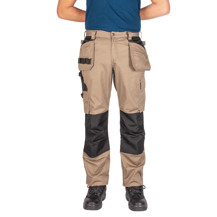 Мъжки работен панталон с вталени джобове и светлоотразителни ленти, бежов, 38