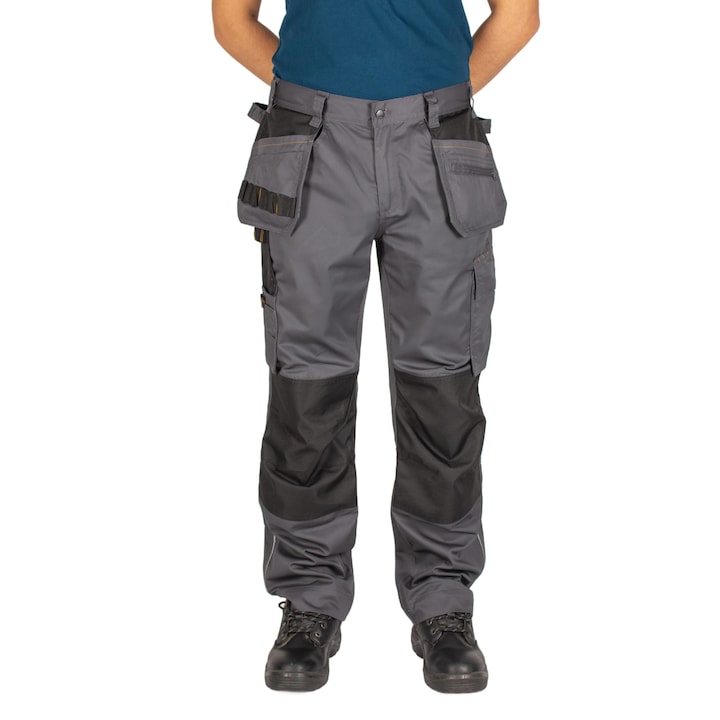 Мъжки работен панталон с вталени джобове и светлоотразителни ленти, Сив, 48