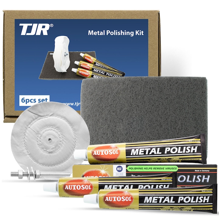 Set 6 accesorii polizare/lustruire, 3x75ml pasta metal, ax 6x70mm, panoburta 130mm, foaie abraziva 150x230mm, TJR