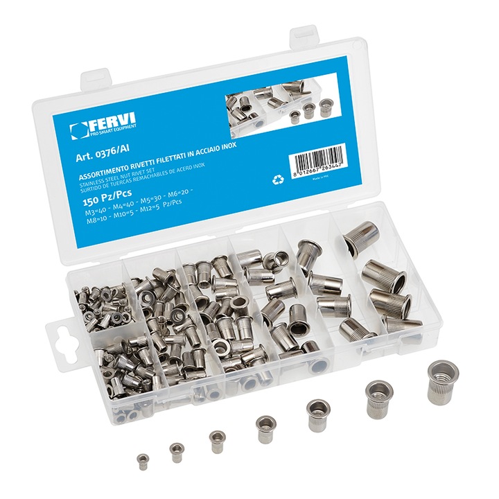 Set de nituire cu piulite din aluminiu, 150 piese, FERVI 0376/AI