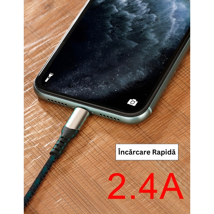 Cablu date si incarcare rapida FastCharge, AHA PRINT®, pentru Apple Iphone si Ipad, 2.4 A, compatibil CarPlay, TEXTIL PREMIUM, USB la Lightning, 1 m, negru textil