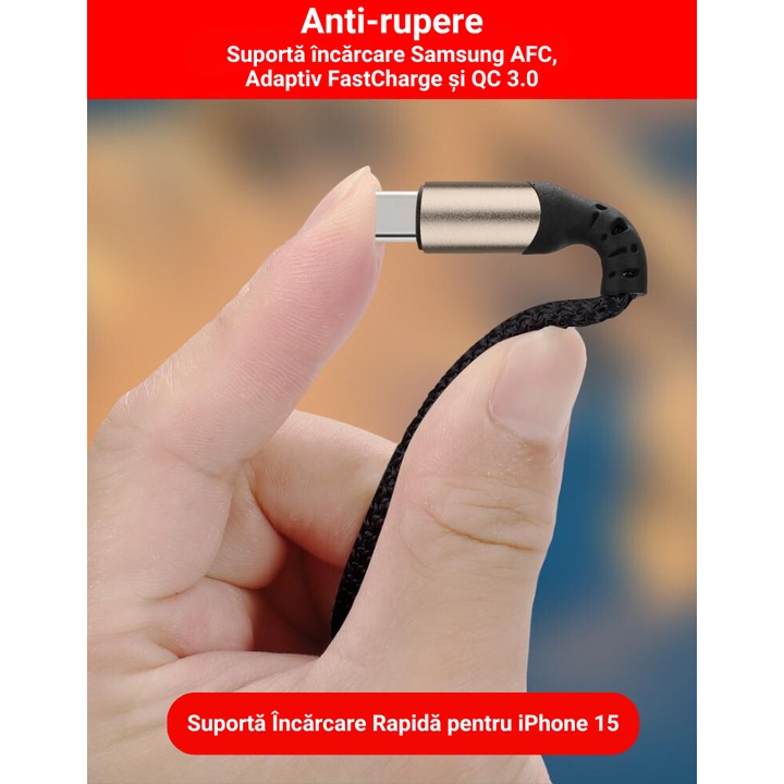 Cablu USB la USB-C PRESTIGE CHARGE®, Transfer Date si Incarcare FastCharge QC 3.0 pentru Samsung, iPhone 15/16/17 Plus, Pro & ProMax, Tableta, Max 3A, Textil Premium, 1m, Negru