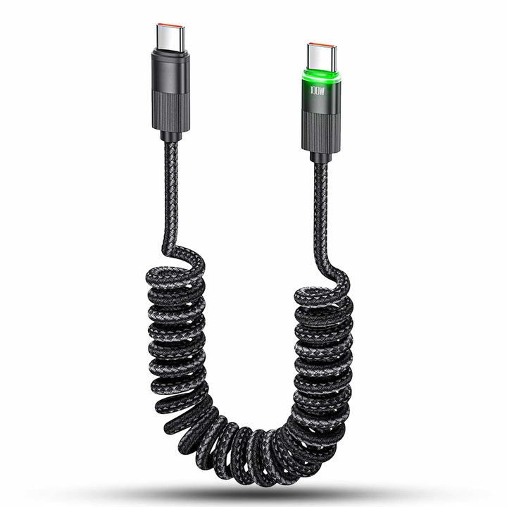 Cablu Incarcare si Transfer Date 100W Timebox, Fast Charge, USB-C la Type-C, LED Inteligent, 480Mbps, 1.8m, Nylon, Compatibil MacBook, Android, Samsung, Huawei, Xiaomi, Negru