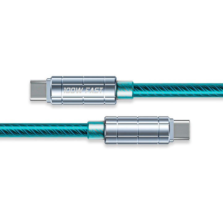 Töltő- és adatátviteli kábel 100 W, Timebox, gyorstöltés, 480 Mbps, 1 m, USB-C - Type-C, kompatibilis Macbook, Android, Samsung, Huawei, Xiaomi, Türkiz