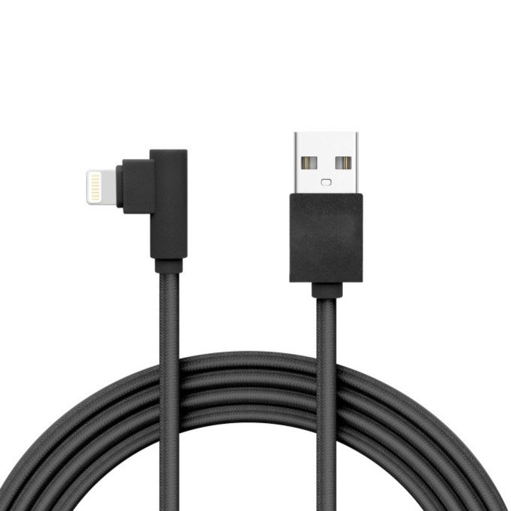 Cablu de incarcare si transfer date, USB A la conector compatibil Apple, unghi 90 grade, 2A, Gamer, 2m lungime, Negru