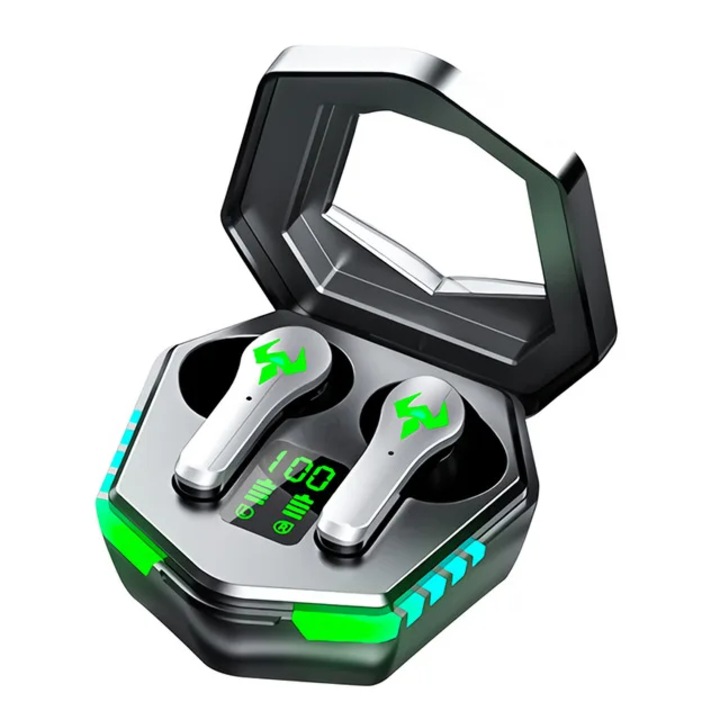 Casti Gaming Bluetooth 5.2 Serby®, Calitatea sunetului excelenta, IPX6, Wireless, Handsfree, Anularea Zgomotului, Microfon Incorporat, Carcasa Magnetica, Afisaj LED, Compatibile Android/iOS, Control prin Atingere, Negru