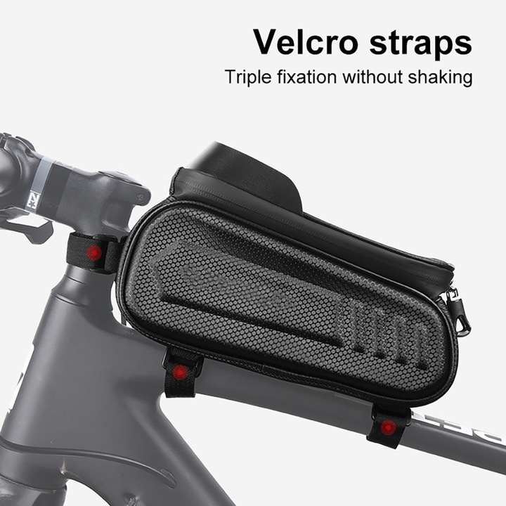 Geanta pentru Cadru Bicicleta cu Suport pentru Telefon, OPTIM SOLUTION, Waterproof, High Sensitivity Touch Screen, EVA 3D Shell, Sun Visor, Spacious Storage, 3 Velcro Straps, Double Zipper, Hands-Free Access, Negru