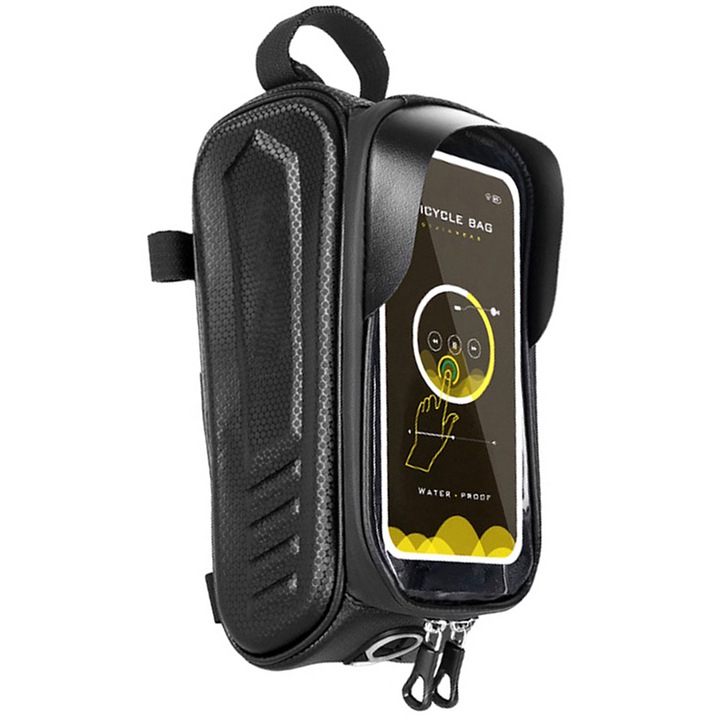 Geanta pentru Cadru Bicicleta cu Suport pentru Telefon, OPTIM SOLUTION, Waterproof, High Sensitivity Touch Screen, EVA 3D Shell, Sun Visor, Spacious Storage, 3 Velcro Straps, Double Zipper, Hands-Free Access, Negru