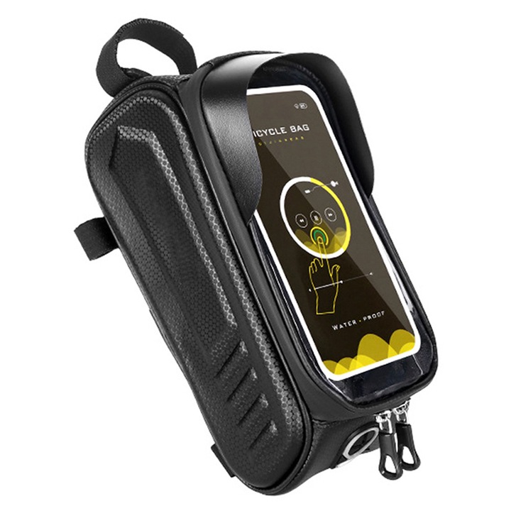 Geanta pentru Cadru Bicicleta cu Suport pentru Telefon, OPTIM SOLUTION, Waterproof, High Sensitivity Touch Screen, EVA 3D Shell, Sun Visor, Spacious Storage, 3 Velcro Straps, Double Zipper, Hands-Free Access, Negru
