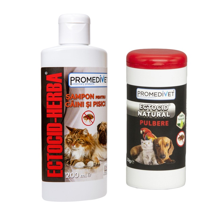 Pachet Antiparazitar Ectocid Natural Pulbere cu Extract din Plante, 50gr, pentru tratamentul infestatiilor cu pureci si paduchi malofagi si Sampon Ectocid Herba, 200ml, adjuvant in tratamentul infestatiilor cu pureci si paduchi la caini si pisici