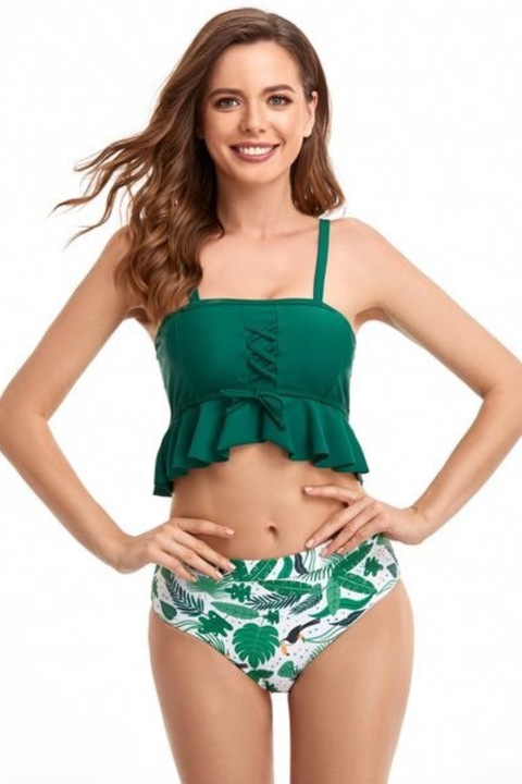 Costum de baie pentru femei format din 2 piese, bustiera si slip modern, set tankini ideal, Alb/Verde