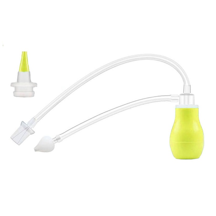 Aspirator nazal manual 2 in 1 pentru bebelusi si copii 0+ luni - silicon fara BPA, 3 piese, Dodoli Galben