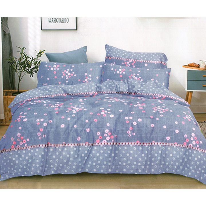 Спален комплект Cotton World, 3 части, двойно легло, 160X200 см, ажурно-флорален дизайн, естествено синьо