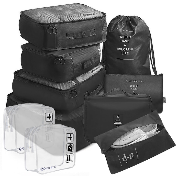 Комплект органайзери за пътуване, Quasar & Co., с козметични чанти, Антрацитно черно, 10 броя