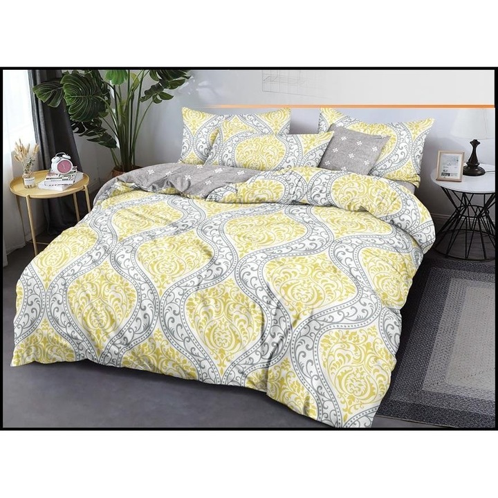 Комплект спално бельо от сатениран памук Cotton World, 3 части, двойно легло, 200x220 см, жълто и сиво