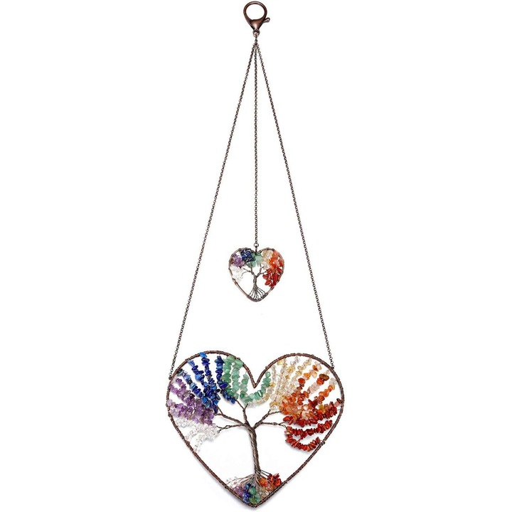 Ornament de agatat model arborele vietii in forma de inima - Realizat manual cu pietre semipretioase si cristale vindecatoare a celor 7 chakre, 43.5×14cm, 0.095kg, Multicolor