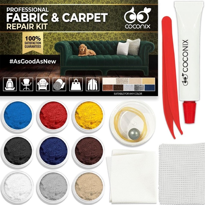 Kit reparatie si restaurare textil Coconix pentru tesaturi si covoare, scaune auto, canapea, mobilier, tapiterie sau jachete, usor de aplicat, multicolor
