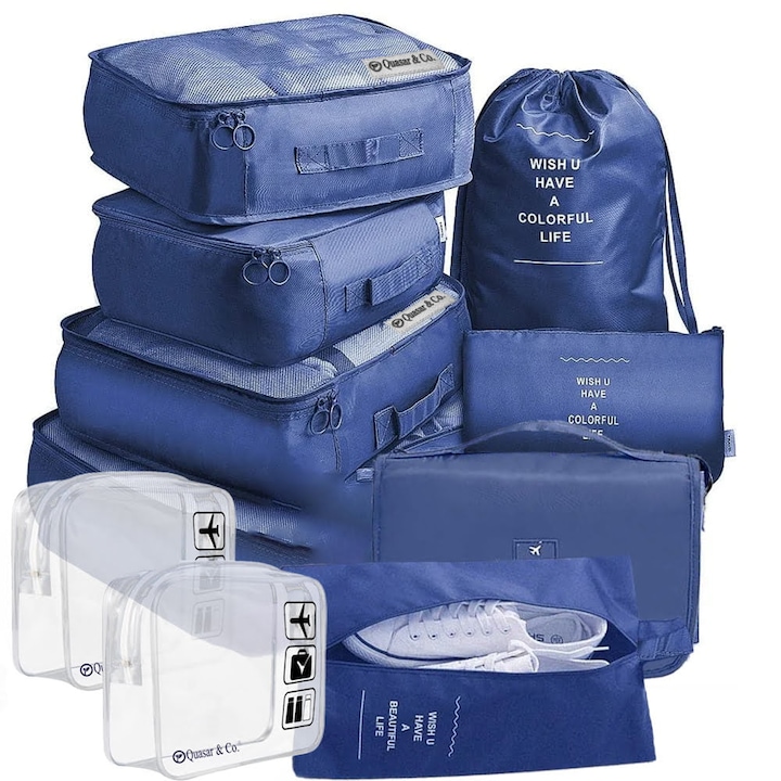 Комплект органайзери за пътуване, Quasar & Co., с козметични чанти, Морско синьо, 10 броя