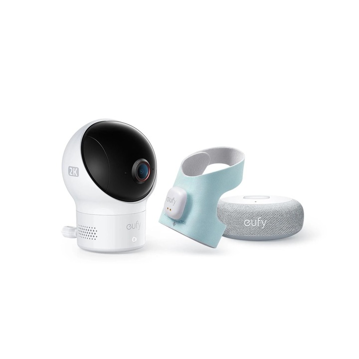 Комплект бебефон Eufy Smart Sock S340, 2K камера, 2, 4 GHz Wi-Fi, Pan & Tilt, наблюдение на сърдечната честота и нивата на кислород в кръвта, AI разпознаване на плач, бял