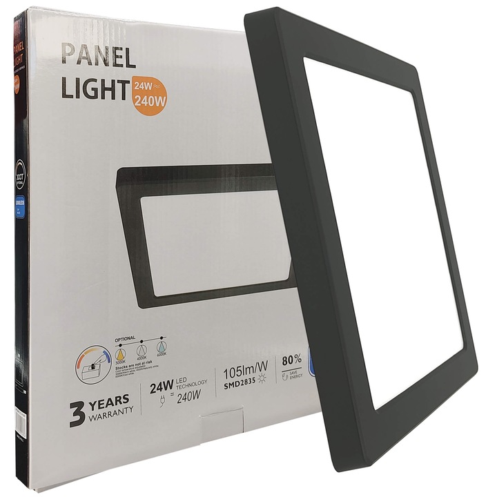 Квадратна LED таванна лампа 24W (240W), 2400Lm, Lumileds чип, черна, за повърхностен или вграден монтаж, 291x18mm, IP20, избираема светлина 3000K 4000K 6000K