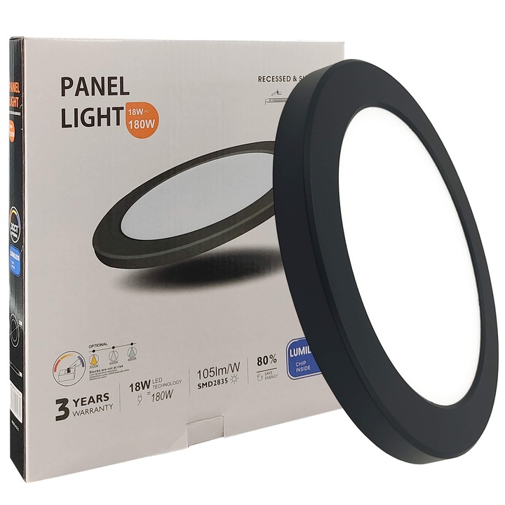 LED плафон кръгъл 18W (180W), 1800Lm, Lumileds чип, черен, повърхностен или вграден монтаж, Ø225x18mm, IP20, избираема светлина 3000K 4000K 6000K