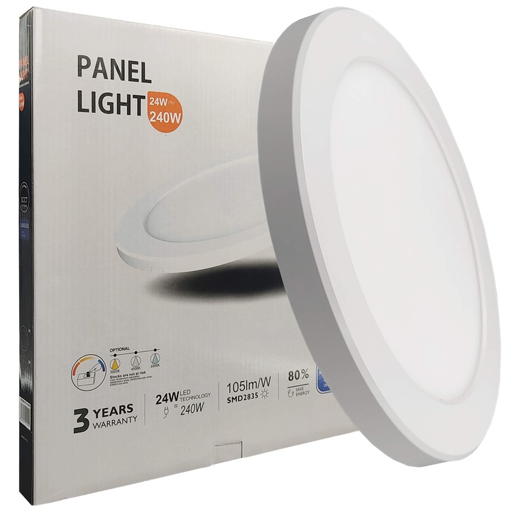 Plafoniera LED Rotunda 24W (240W), 2400Lm, Chip Lumileds, Alb, montare la Suprafata sau Incastrata, Ø295x18mm, IP20, Lumina Selectabila 3000K 4000K 6000K