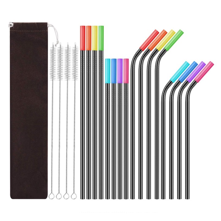 Set 16 paie metalice, Zggzerg, cu saculet de depozitare si 4 perii de curatare incluse, Reutilizabile, Pentru smoothie, milkshake, cocktailuri si bauturi calde, Dimensiuni diferite, Negru