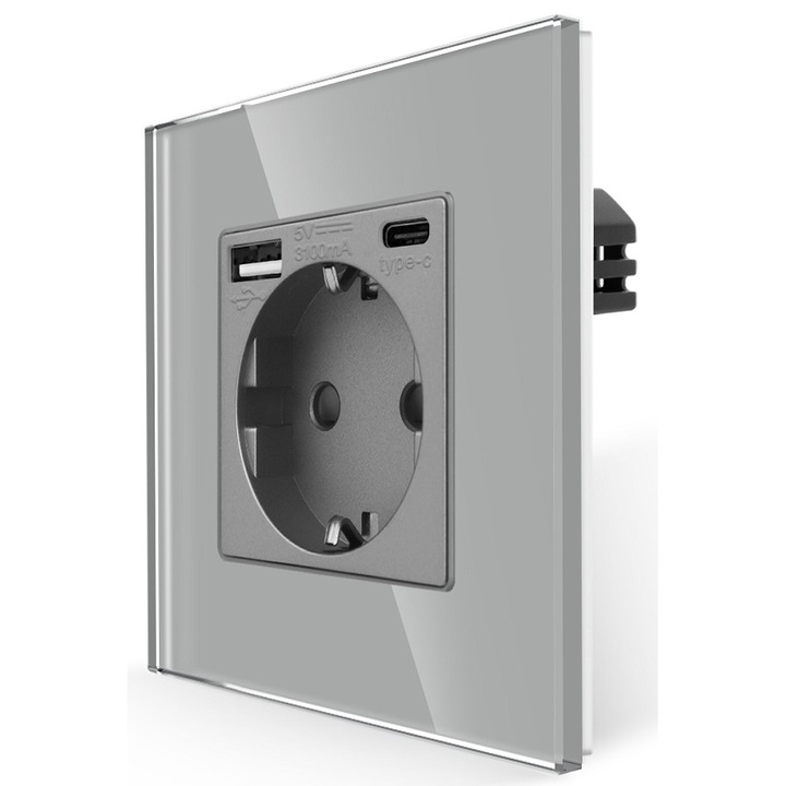 Контакт Luxion, USB-A + USB-C, 16A/ USB A+C 3.1A, USB C 20W, Със стъклена рамка, IP45, Сив