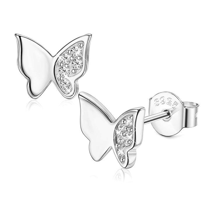 Cercei din argint 925 cu fluturi, zirconiu, culoare argintie, potriviti pentru copii si doamne