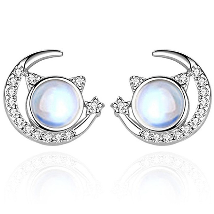 Cercei din Cupru, piatra lunii, urechi de pisica, argintie, pentru femei