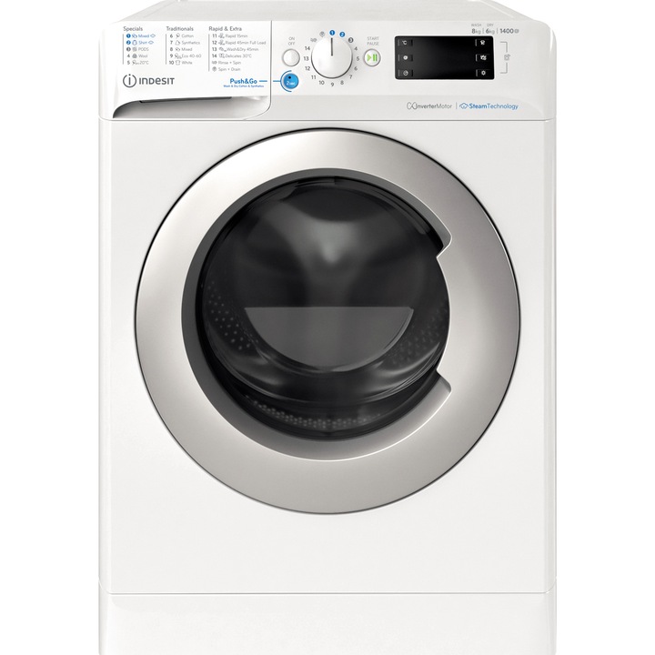 Пералня със сушилня Indesit INNEX BDE 86436 WSV EE, Пране 8 кг, Сушене 6 кг, 1400 об./мин., Клас B, Инверторен мотор, Цифров дисплей, Бял