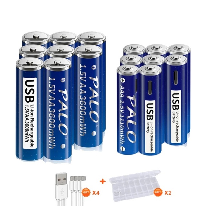Set Baterii reincarcabile, capacitate mare, incarcare USB, 8AA 8AAA