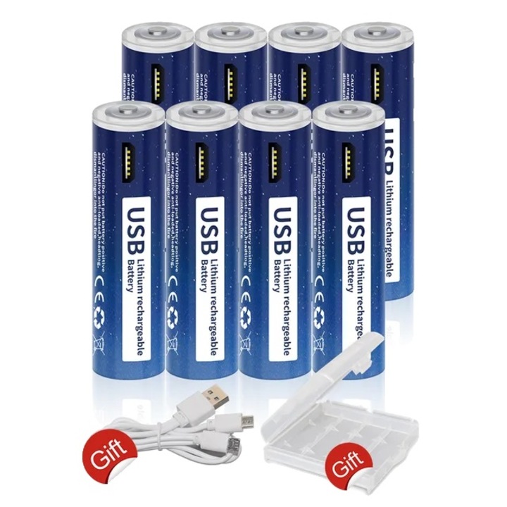 Set 8 baterii AAA reincarcabile, litiu-ion, 1110mWh, incarcare USB, multicompatibile, -20-60°C