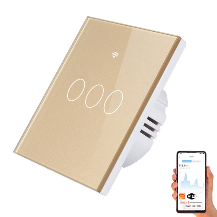Intrerupator inteligent cu touch, Wireless, VisionHub®, Wi-fi, 3 Canale, din Sticla Securizata, Compatibil iOS/Android, Tuya, Amazon Alexa/Google Assistant, rezistent la zgarieturi, ideal pentru birou, camera de zi, dormitor, baie si bucatarie, Auriu
